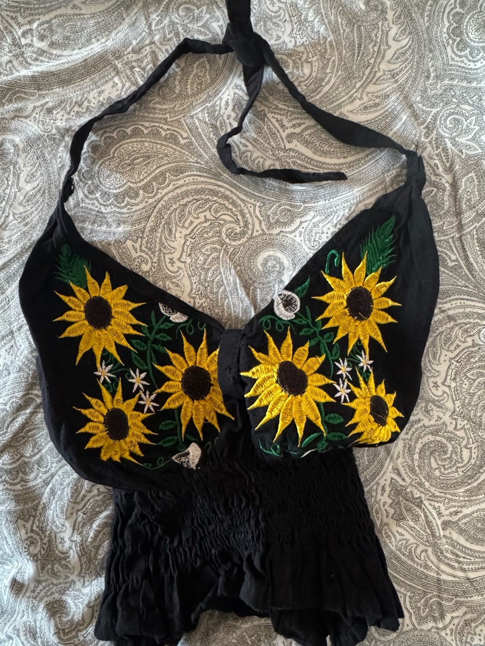 Black Halter Crop Top with Sunflower Embroidery